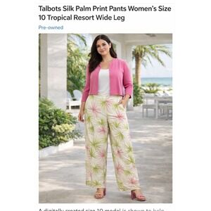 Talbots Women's Stretch Pants Tropical Palm Leaf Print‎ White Pink Green Size 10